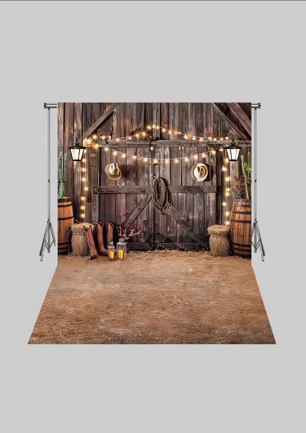 Kovboy Temalı - Ahır Önü Botlar  05 Üç Boyutlu Çocuk Kumaş Fotoğraf Fonu - Fabric Photography Backdrop ( 2X2,5 MT)