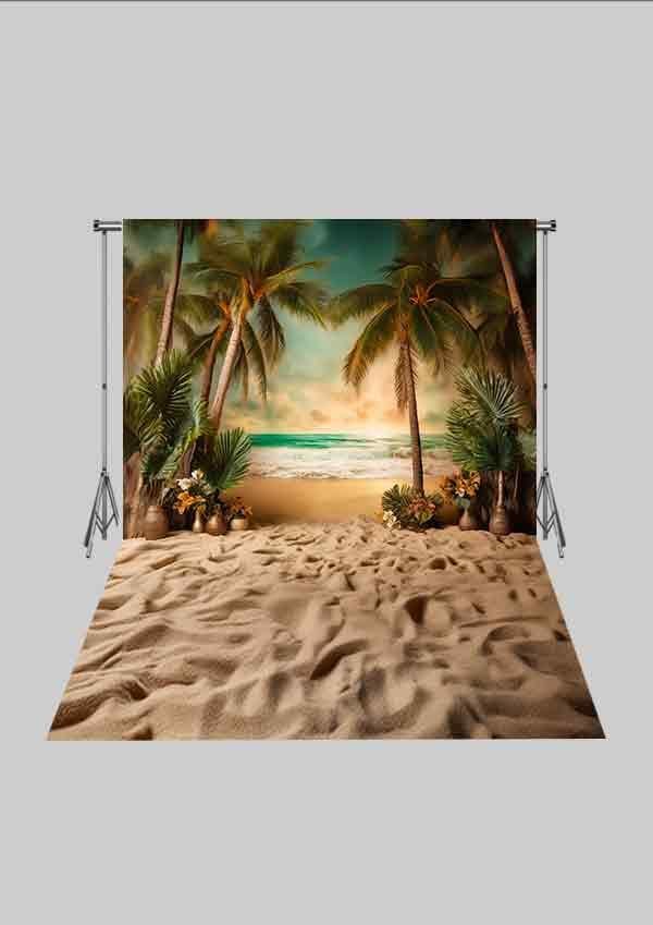 Kovboy Temalı - Palmiyeler ve Deniz 05 Üç Boyutlu Çocuk Kumaş Fotoğraf Fonu - Fabric Photography Backdrop ( 2X2,5 MT)