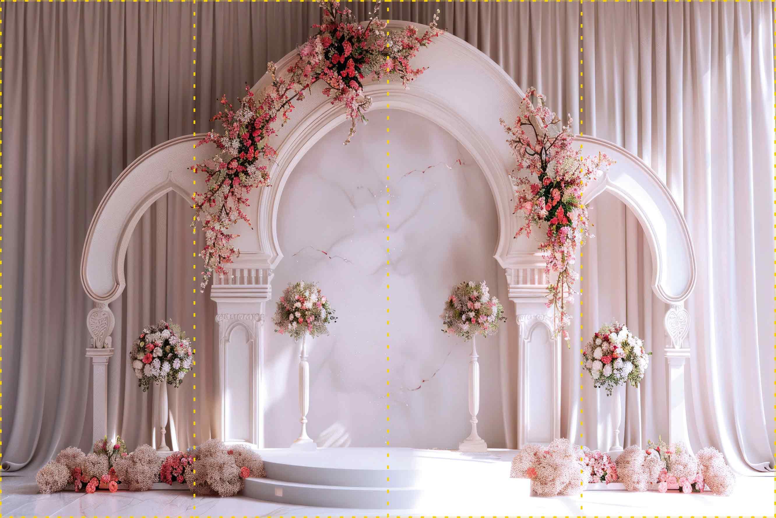 Lüks Oval Sütunlar ve Çiçekler - Organizasyon ve Fotoğraf Fonu  - Katlanır Kırışmaz Kumaş - Üç Boyutlu Fotoğraf Fonu - Fabric Backdrop