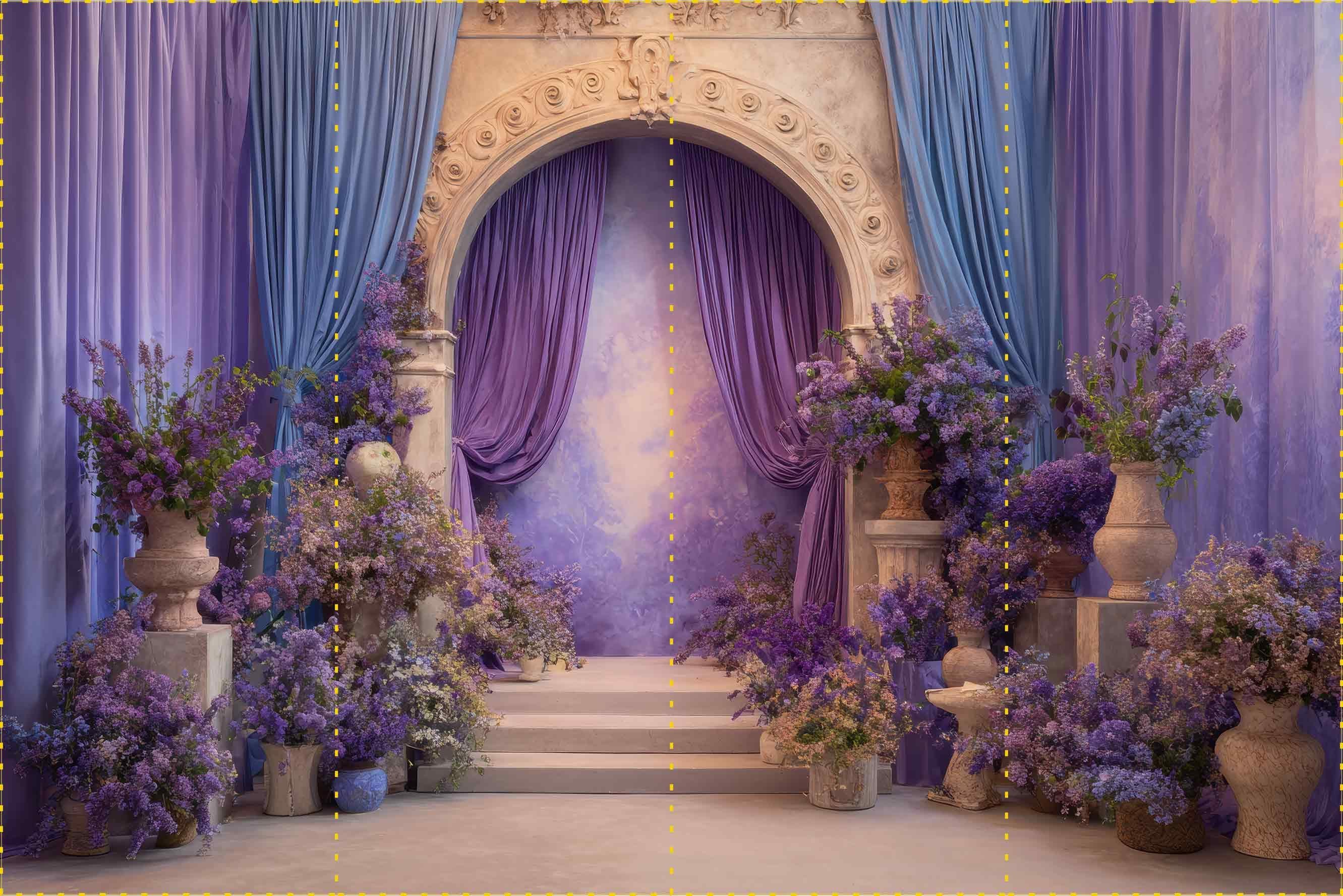 Mor çiçekli vazolu yol ve dekor ve perde - Organizasyon ve Fotoğraf Fonu  - Katlanır Kırışmaz Kumaş - Üç Boyutlu Fotoğraf Fonu - Fabric Backdrop