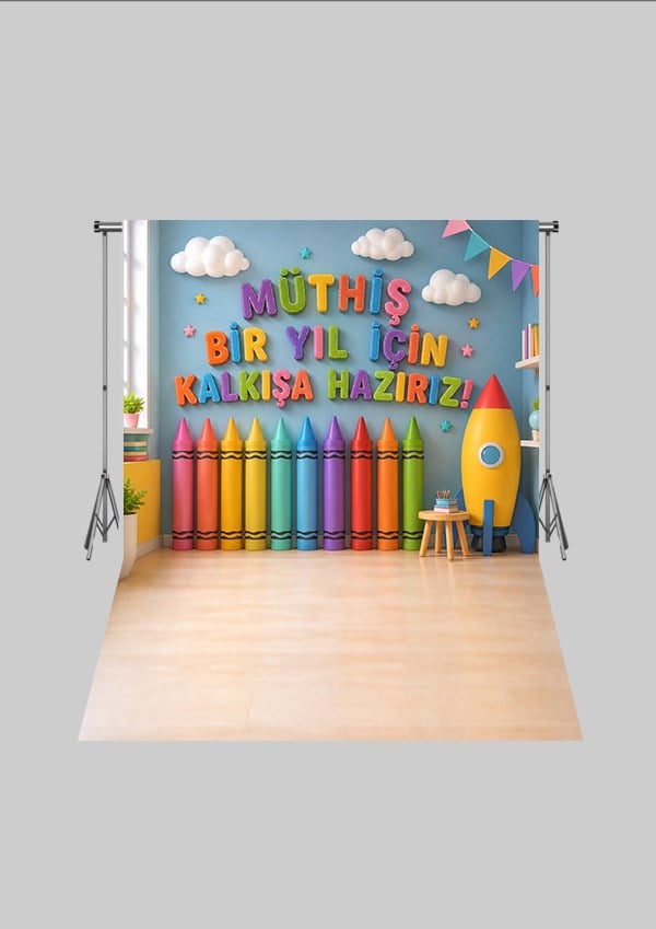Okul Temalı  - Uzay Temalı Okul  - Üç Boyutlu Çocuk Kumaş Fotoğraf Fonu - Fabric Photography Backdrop ( 2X2,5 MT)