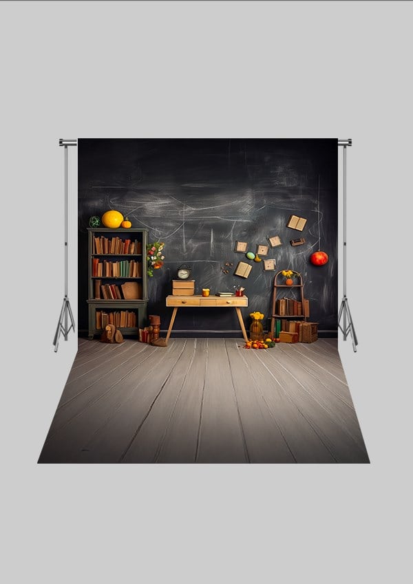 Okul ve Sınıf Temalı 23 - Dünya ve Kitaplık  - Üç Boyutlu Çocuk Kumaş Fotoğraf Fonu - Fabric Photography Backdrop ( 2X2,5 MT)