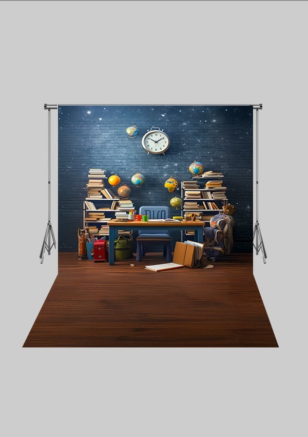 Okul ve Sınıf Temalı 25 - Dünya ve Kitaplık  - Üç Boyutlu Çocuk Kumaş Fotoğraf Fonu - Fabric Photography Backdrop ( 2X2,5 MT)