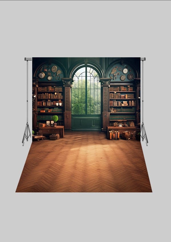 Okul ve Sınıf Temalı 27 - Dünya ve Kitaplık  - Üç Boyutlu Çocuk Kumaş Fotoğraf Fonu - Fabric Photography Backdrop ( 2X2,5 MT)