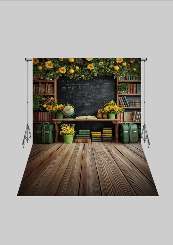 Okul ve Sınıf Temalı 41 - Dünya ve Kitaplık  - Üç Boyutlu Çocuk Kumaş Fotoğraf Fonu - Fabric Photography Backdrop ( 2X2,5 MT)