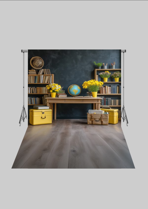 Okul ve Sınıf Temalı 43 - Dünya ve Kitaplık  - Üç Boyutlu Çocuk Kumaş Fotoğraf Fonu - Fabric Photography Backdrop ( 2X2,5 MT)