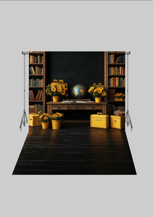 Okul ve Sınıf Temalı 45 - Dünya ve Kitaplık  - Üç Boyutlu Çocuk Kumaş Fotoğraf Fonu - Fabric Photography Backdrop ( 2X2,5 MT)