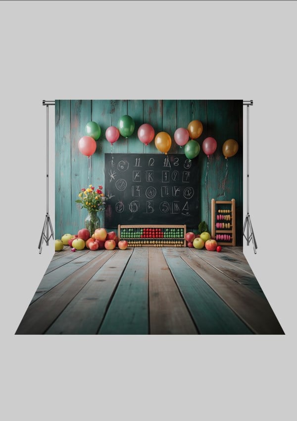 Okul ve Sınıf Temalı 52 - Dünya ve Kitaplık  - Üç Boyutlu Çocuk Kumaş Fotoğraf Fonu - Fabric Photography Backdrop ( 2X2,5 MT)