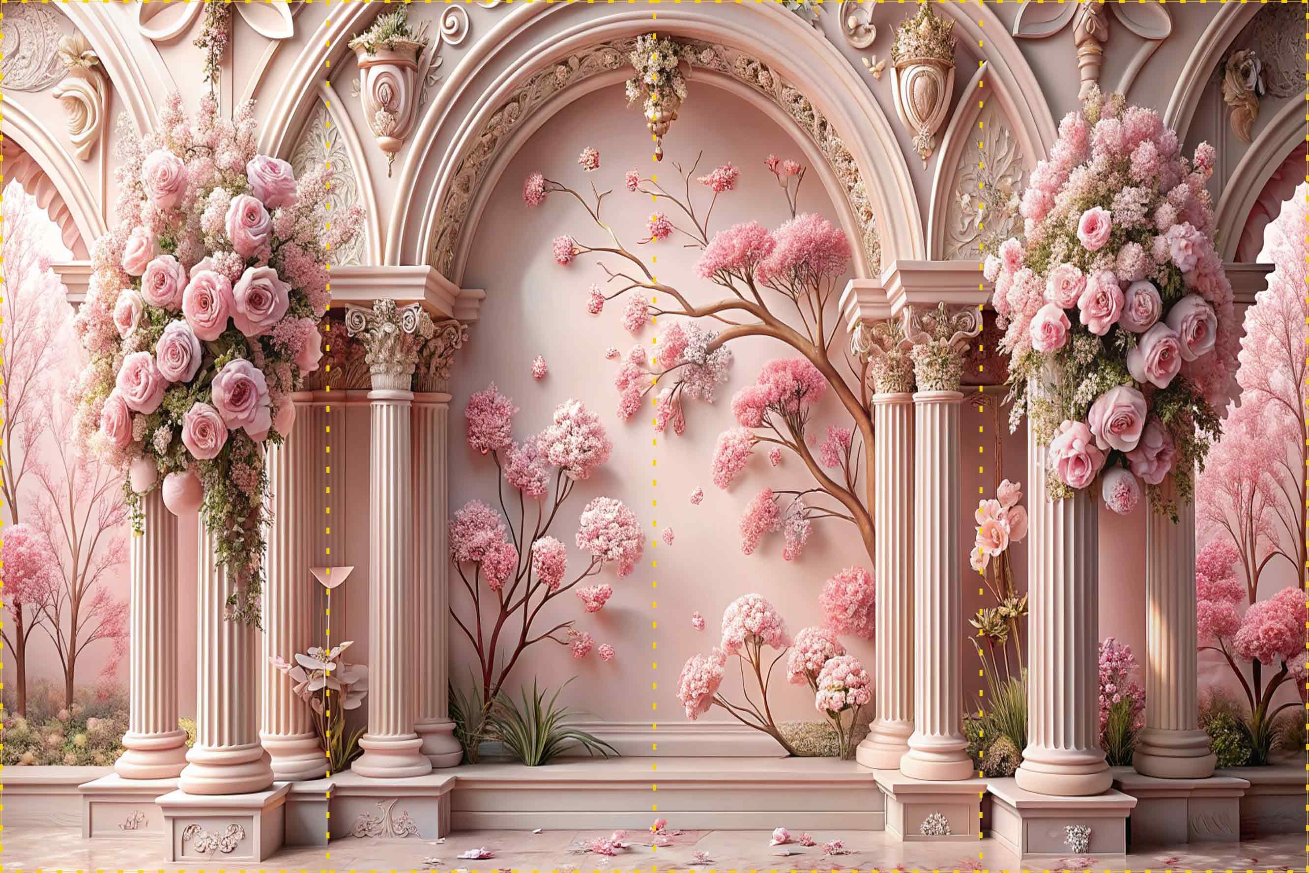 Pembe çiçekli sütunlar ve dekorlar - Organizasyon ve Fotoğraf Fonu  - Katlanır Kırışmaz Kumaş - Üç Boyutlu Fotoğraf Fonu - Fabric Backdrop