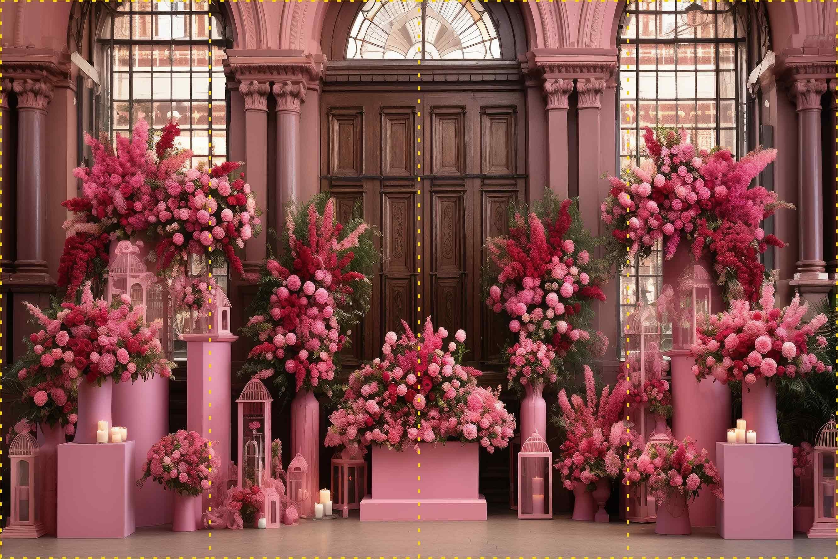 Pembe çiçekli vazolu dekor - Organizasyon ve Fotoğraf Fonu  - Katlanır Kırışmaz Kumaş - Üç Boyutlu Fotoğraf Fonu - Fabric Backdrop