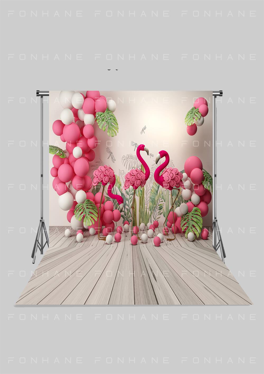 Pembe Flamingo ve Pembe Balonlu Zeminli Çocuk Kumaş Fotoğraf Fonu( 2X2,5 MT)