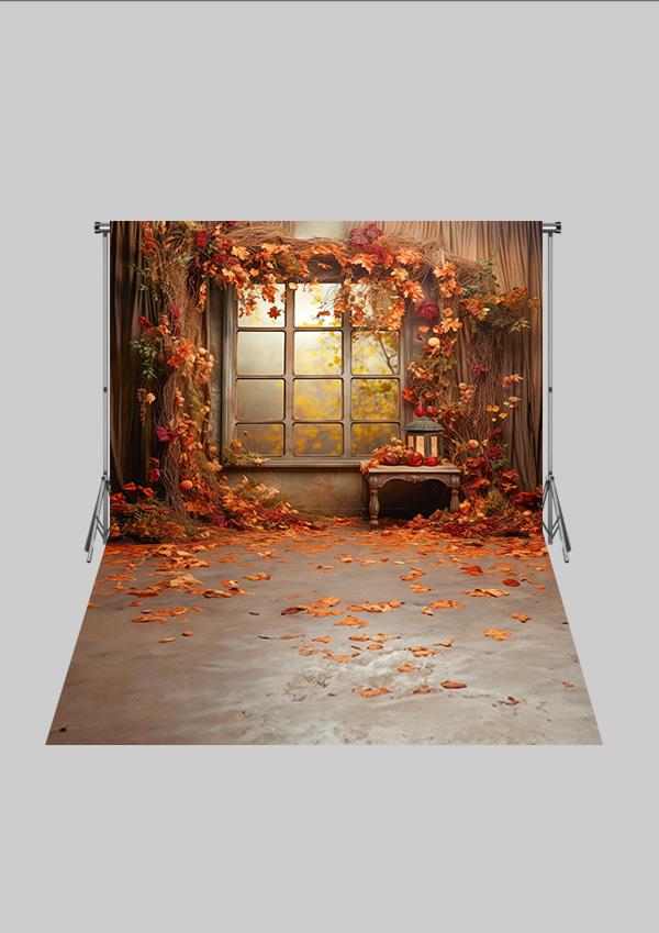 Sonbahar Temalı -  Kurumuş Yapraklar ve Ahşap Pencere Çocuk Kumaş Fotoğraf Fonu( 2X2,5 MT)