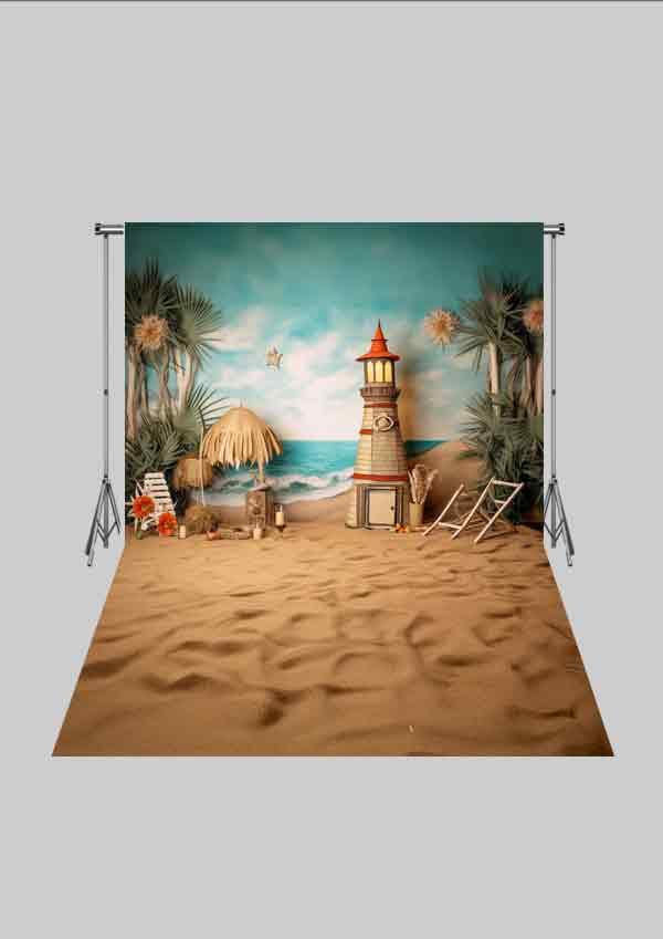 Yaz Temalı - Deniz Feneri ve Deniz 05 Üç Boyutlu Çocuk Kumaş Fotoğraf Fonu - Fabric Photography Backdrop ( 2X2,5 MT)