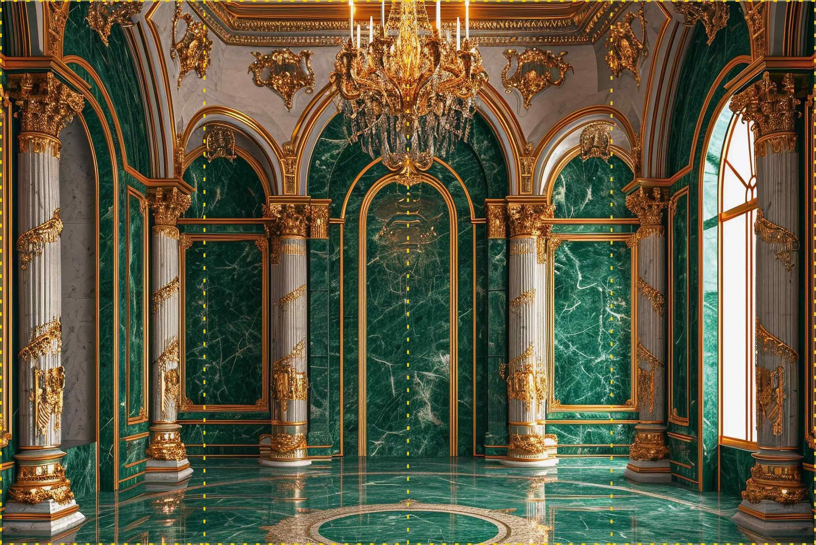 Yeşil ve Gold Detaylı Saray ve Sütunlar - Organizasyon ve Fotoğraf Fonu  - Katlanır Kırışmaz Kumaş - Üç Boyutlu Fotoğraf Fonu - Fabric Backdrop