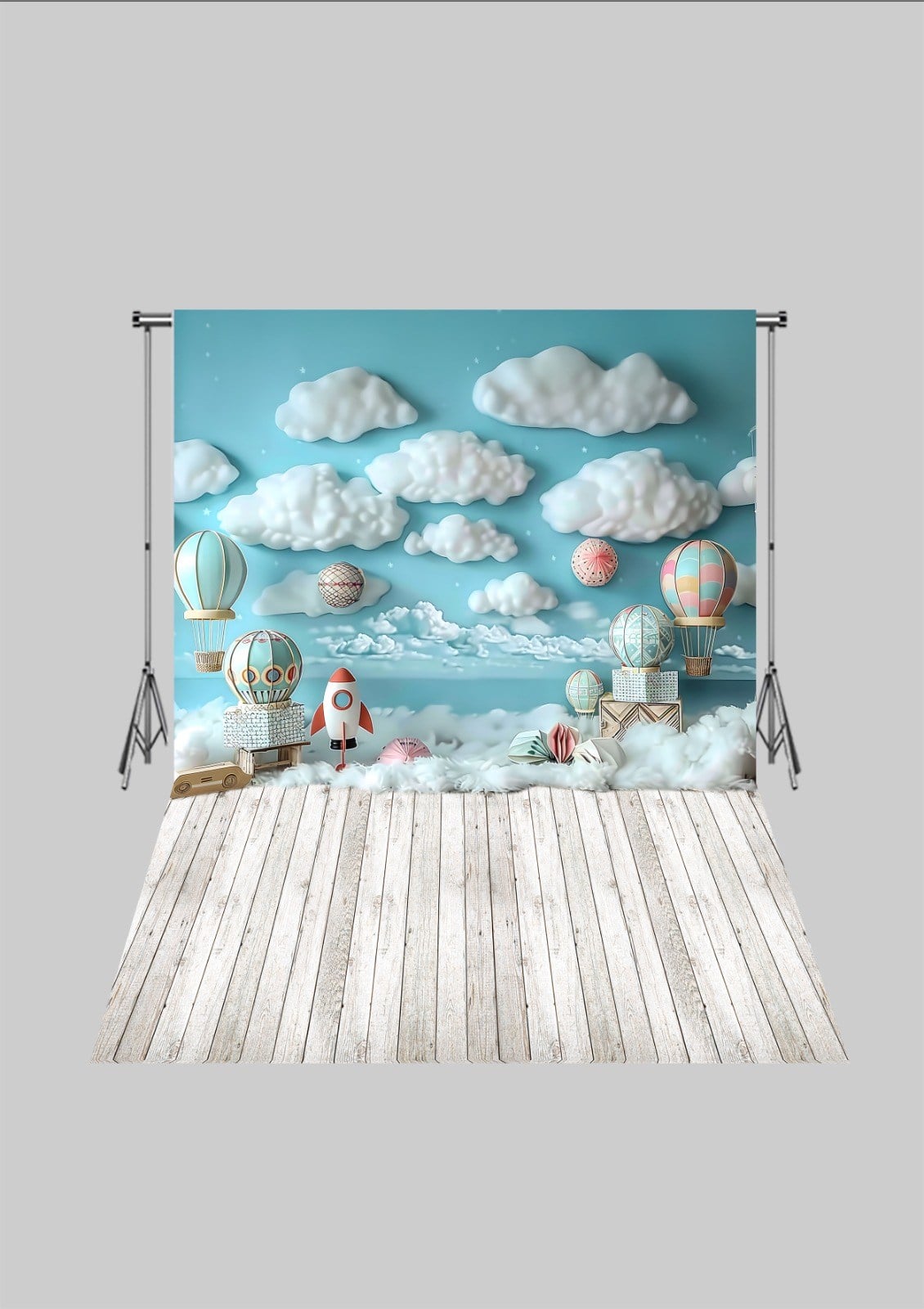 Balonlar ve Astronot  - Üç Boyutlu Çocuk Kumaş Fotoğraf Fonu - Fabric Photography Backdrop ( 2X2,5 MT)