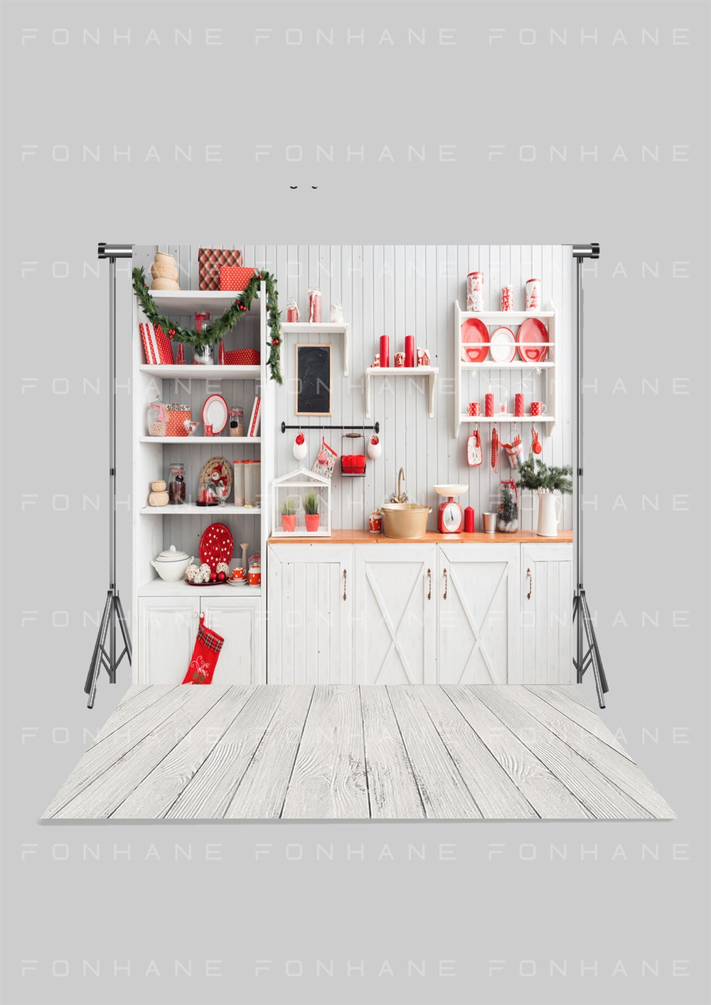 Beyaz Christmas Temalı Yeni Yıl Kırmızı Mutfak  Zeminli Çocuk Kumaş Fotoğraf Fonu( 2X2,5 MT)