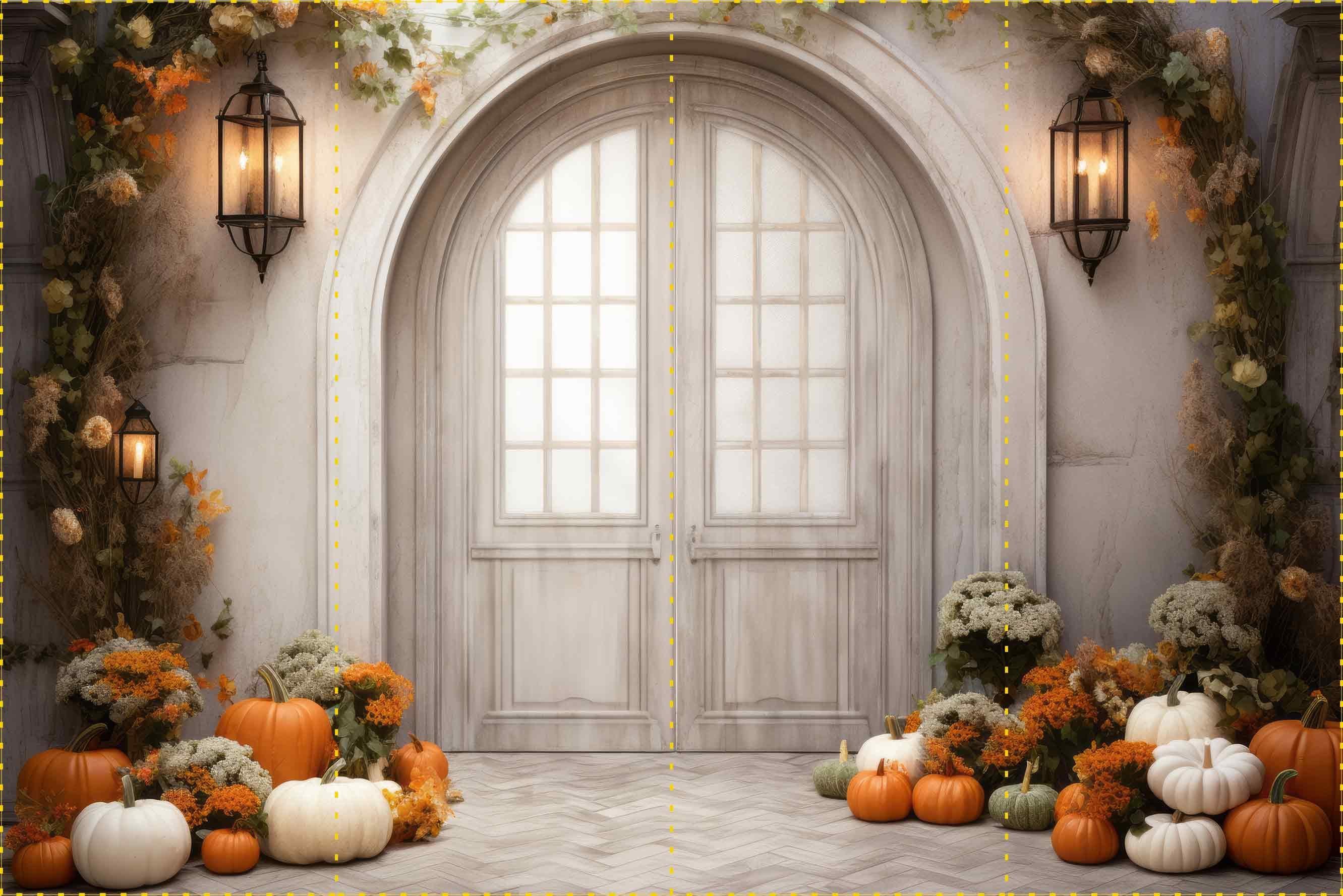 Beyaz kapı önü kabaklar ve asma çiçekler  - Organizasyon ve Fotoğraf Fonu  - Katlanır Kırışmaz Kumaş - Üç Boyutlu Fotoğraf Fonu - Fabric Backdrop