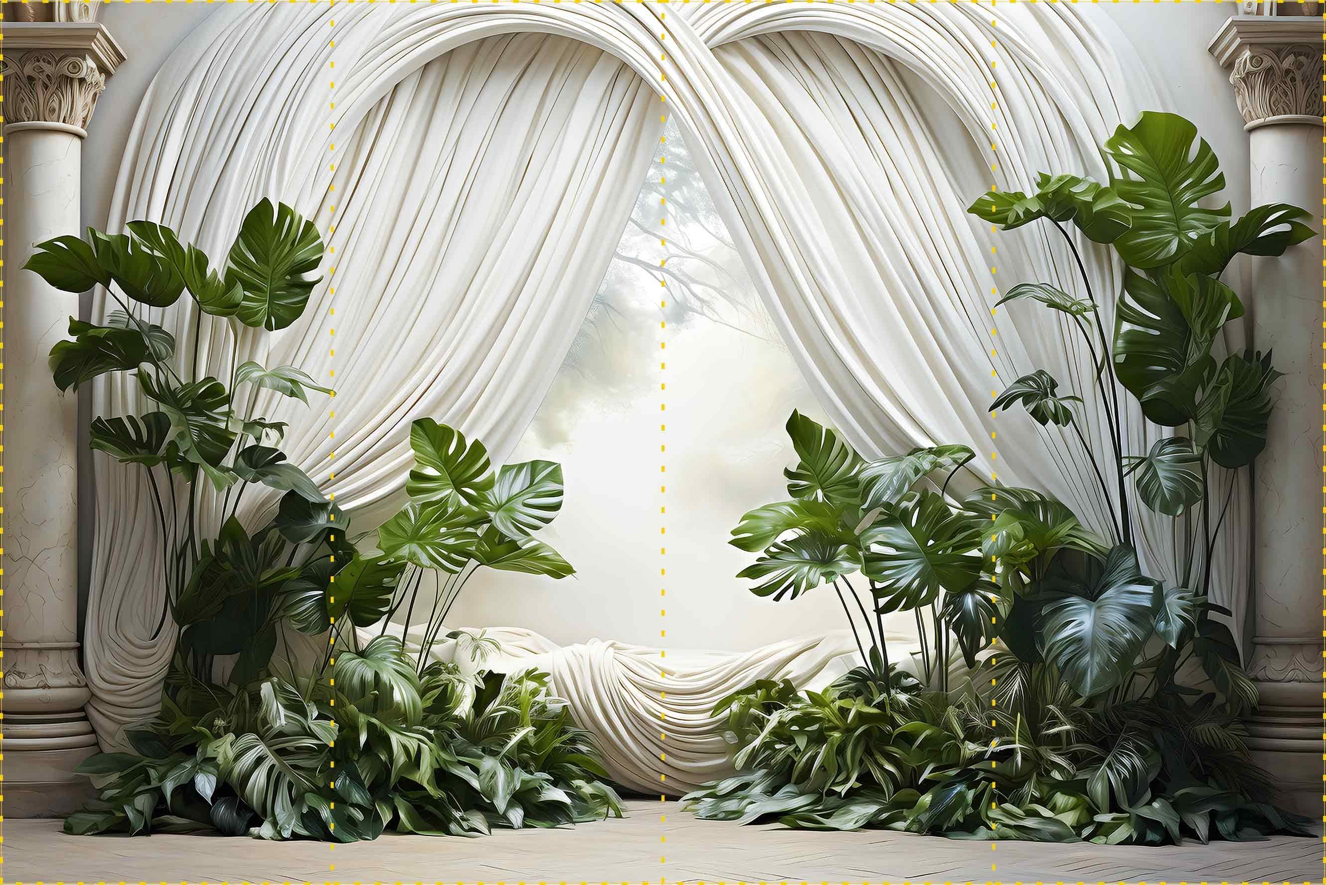 Beyaz perde ve sütunlar ve büyük yapraklar  - Organizasyon ve Fotoğraf Fonu  - Katlanır Kırışmaz Kumaş - Üç Boyutlu Fotoğraf Fonu - Fabric Backdrop
