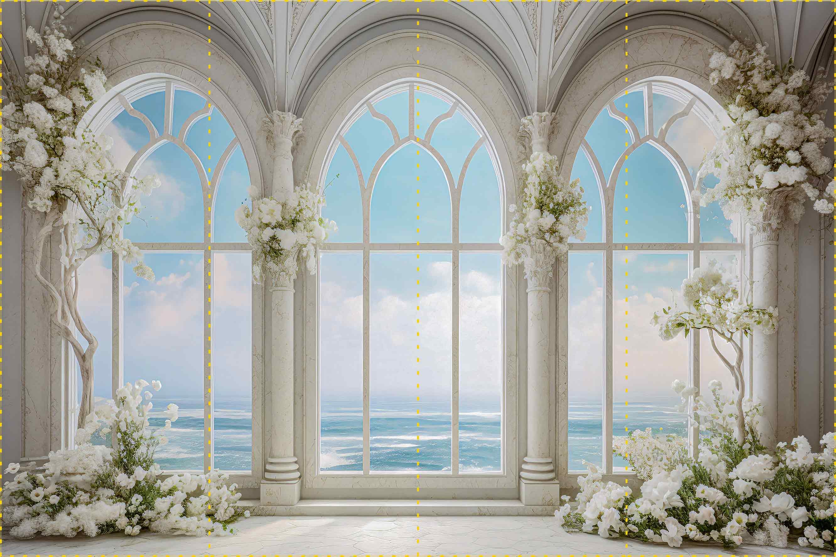Beyaz Sütünlar Deniz Kenarı Camlar  - Organizasyon ve Fotoğraf Fonu  - Katlanır Kırışmaz Kumaş - Üç Boyutlu Fotoğraf Fonu - Fabric Backdrop
