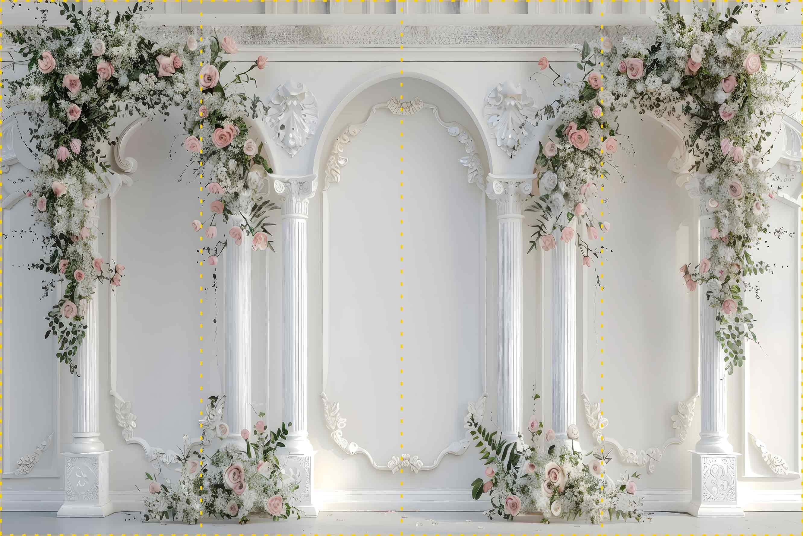 Beyaz Sütunlar ve Çiçekler - Organizasyon ve Fotoğraf Fonu  - Katlanır Kırışmaz Kumaş - Üç Boyutlu Fotoğraf Fonu - Fabric Backdrop