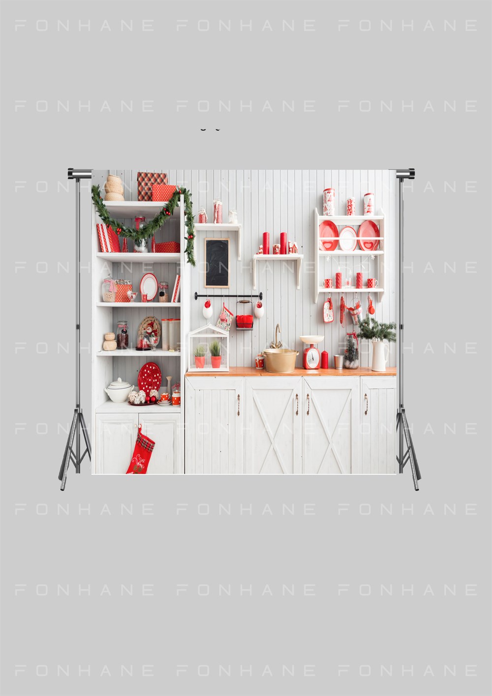 Christmas Temalı Yeni Yıl Kırmızı Mutfak Zeminsiz Çocuk Kumaş Fotoğraf Fonu( 2X1.5 MT)