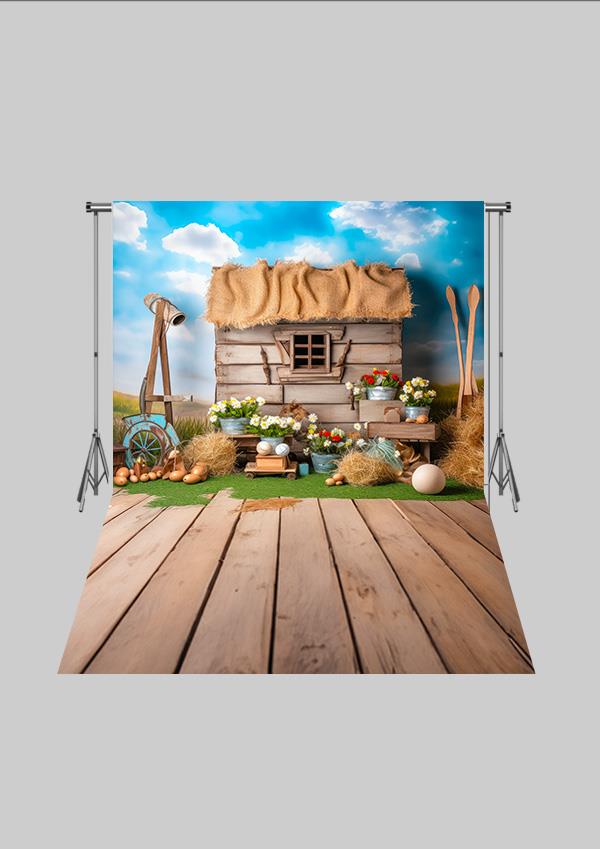 Çiftlik Temalı Köy Evi  2 Çocuk Kumaş Fotoğraf Fonu( 2X2,5 MT)