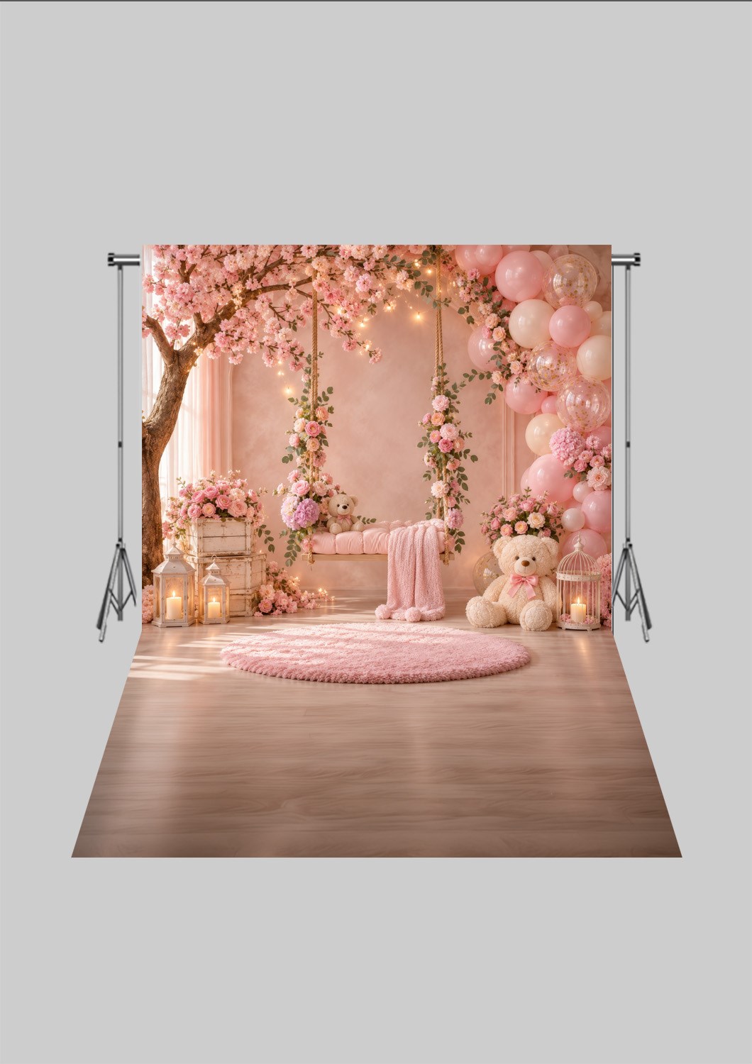 Çocuk Odası Temalı - Minnoş Pembe Ayıcıklar 2  - Üç Boyutlu Çocuk Kumaş Fotoğraf Fonu - Fabric Photography Backdrop ( 2X2,5 MT)