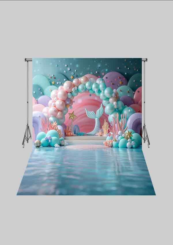 Deniz Kızı Temalı - Balonlu Kutlama 01  Üç Boyutlu Çocuk Kumaş Fotoğraf Fonu - Fabric Photography Backdrop ( 2X2,5 MT)