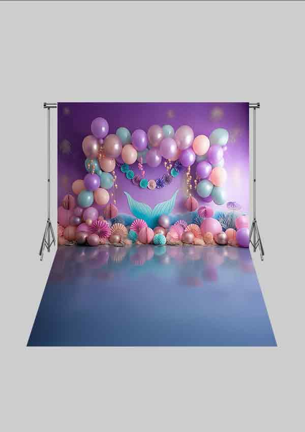 Deniz Kızı Temalı - Balonlu Kutlama 07 Üç Boyutlu Çocuk Kumaş Fotoğraf Fonu - Fabric Photography Backdrop ( 2X2,5 MT)