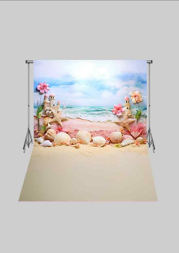Deniz Kızı Temalı - Deniz Yıldızı ve Kabuklar 03  Üç Boyutlu Çocuk Kumaş Fotoğraf Fonu - Fabric Photography Backdrop ( 2X2,5 MT)