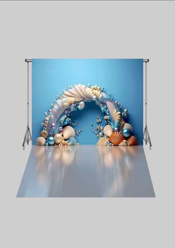 Deniz Kızı Temalı - Deniz Yıldızı ve Kabuklar 04  Üç Boyutlu Çocuk Kumaş Fotoğraf Fonu - Fabric Photography Backdrop ( 2X2,5 MT)