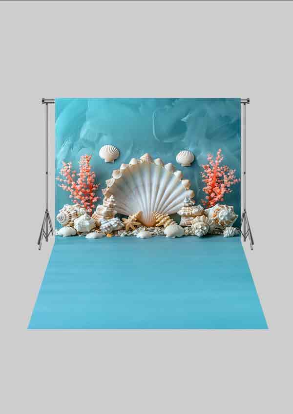 Deniz Kızı Temalı - Deniz Yıldızı ve Kabuklar 05 Üç Boyutlu Çocuk Kumaş Fotoğraf Fonu - Fabric Photography Backdrop ( 2X2,5 MT)