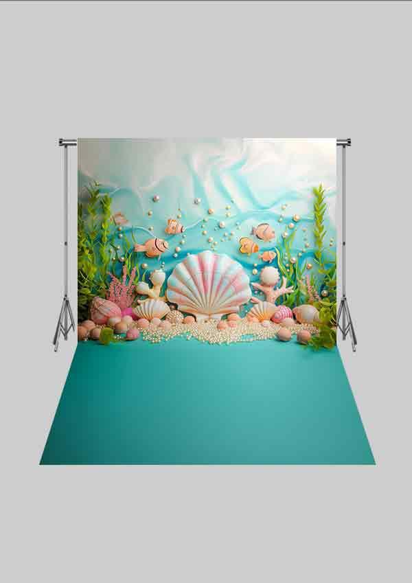 Deniz Kızı Temalı - Deniz Yıldızı ve Kabuklar 06 Üç Boyutlu Çocuk Kumaş Fotoğraf Fonu - Fabric Photography Backdrop ( 2X2,5 MT)
