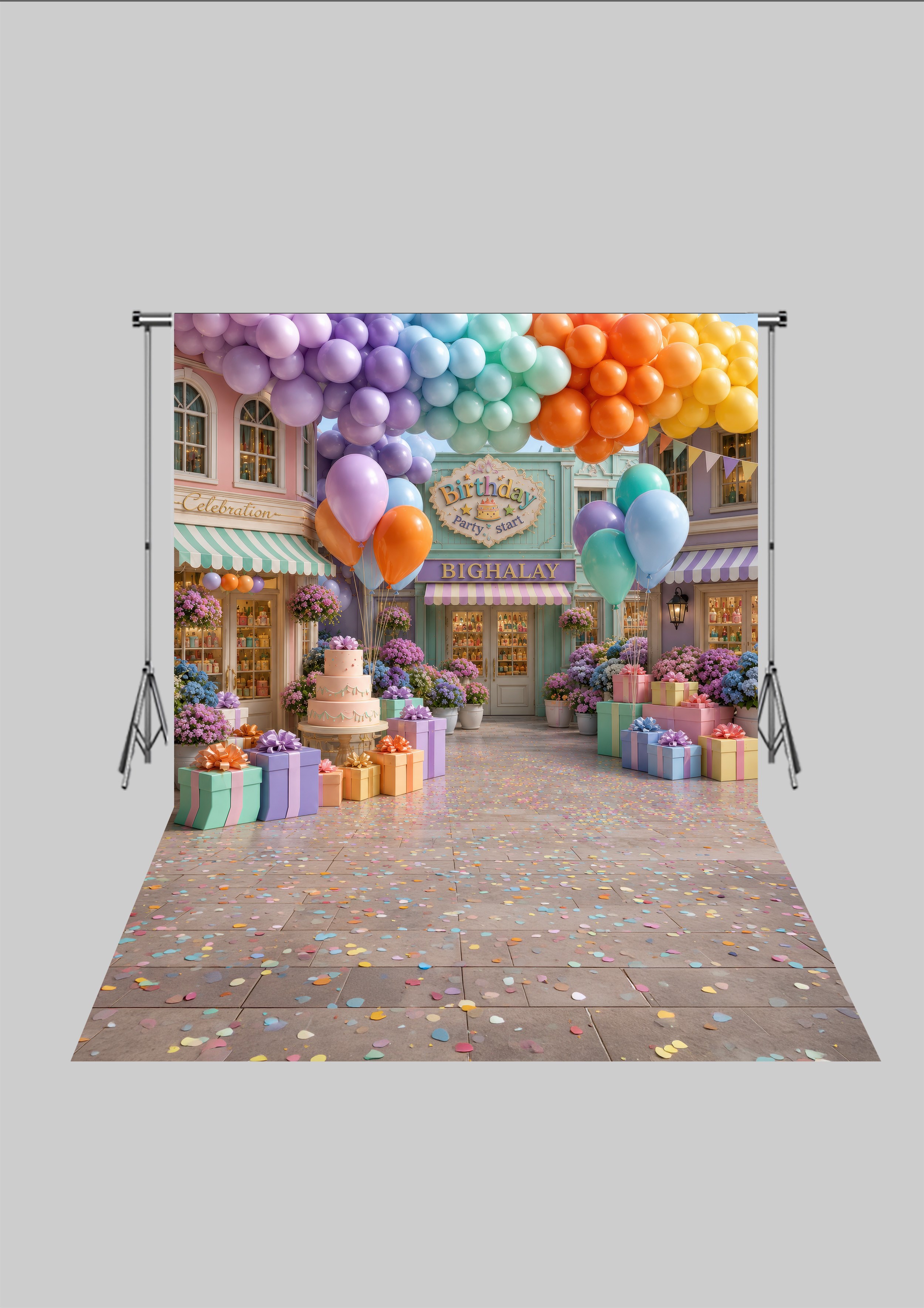 Doğum Günü Temalı  - Cafede Doğum Günü - Üç Boyutlu Çocuk Kumaş Fotoğraf Fonu - Fabric Photography Backdrop ( 2X2,5 MT)