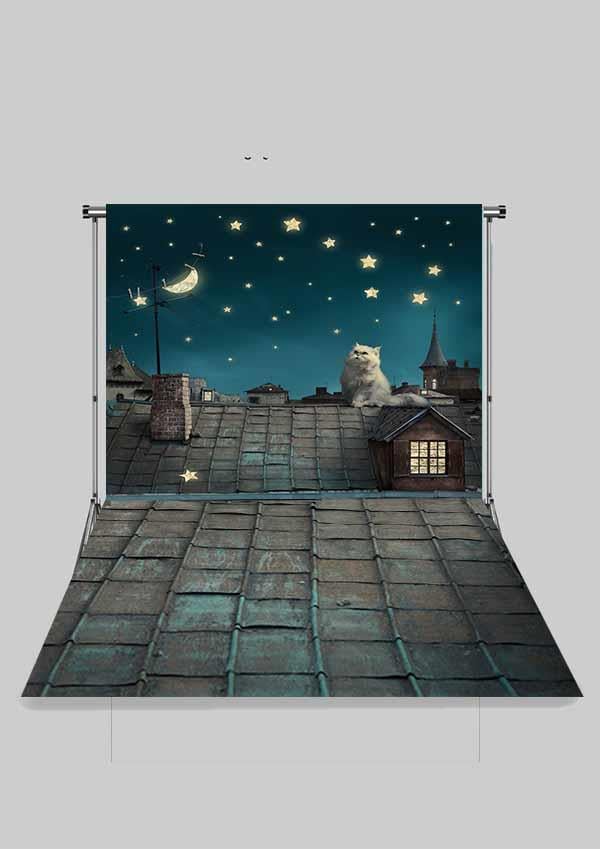 Gece Çatıda Oturan Kedi  Çocuk Kumaş Fotoğraf Fonu( 2X2,5 MT)