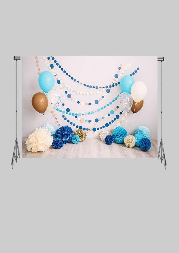 KATLANIR KIRIŞMAZ KUMAŞ - 2 EN 1.5 MT BOY - Mavi Balonlar ve Süslü Duvar  - FABRIC BACKDROP - Stüdyo Fonu