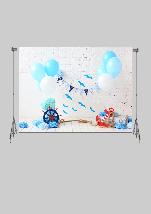 KATLANIR KIRIŞMAZ KUMAŞ - 2 EN 1.5 MT BOY - Mavi Balonlar ve Süslü Duvar 2 Doğum Günü Kutlama  - FABRIC BACKDROP - Stüdyo Fonu