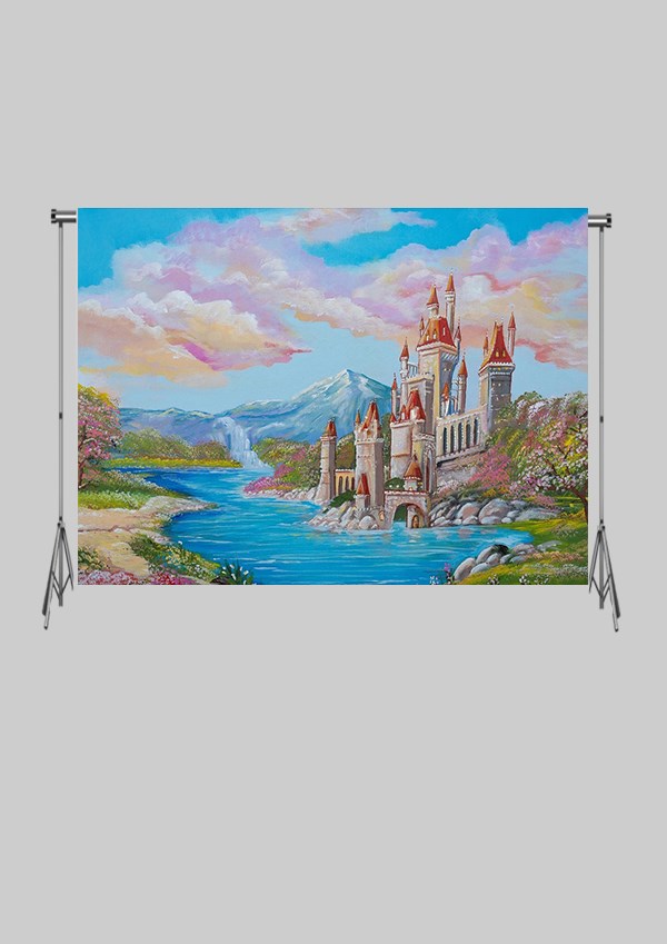 KATLANIR KIRIŞMAZ KUMAŞ - 2 EN 1.5 MT BOY - Göl Kenarı Pastel Sarayı  - FABRIC BACKDROP - Stüdyo Fonu