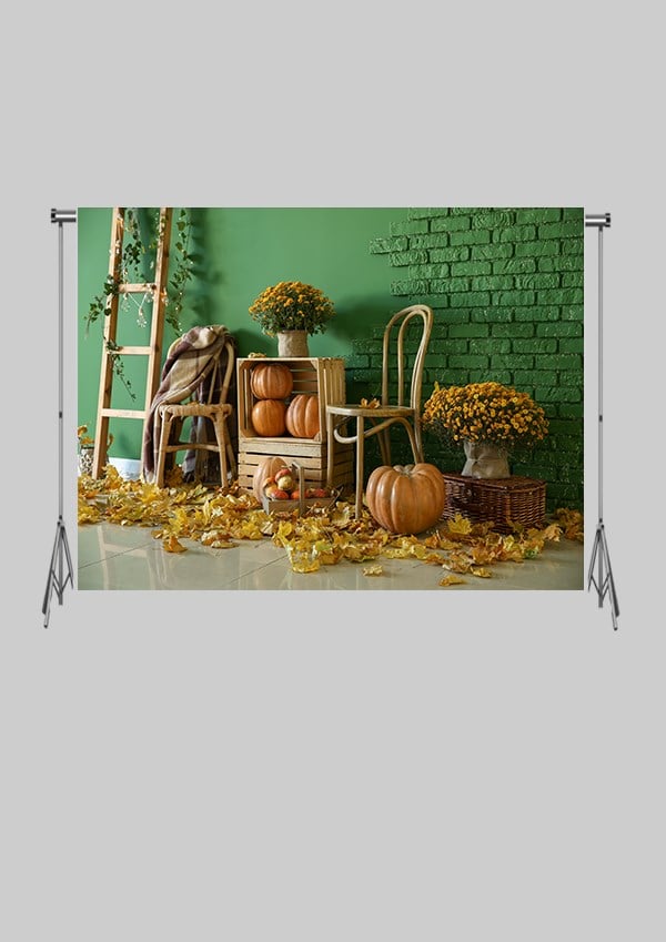 KATLANIR KIRIŞMAZ KUMAŞ - 2 EN 1.5 MT BOY - Balkabağı ve Yapraklarla Kaplı Süslü Duvar  - FABRIC BACKDROP - Stüdyo Fonu