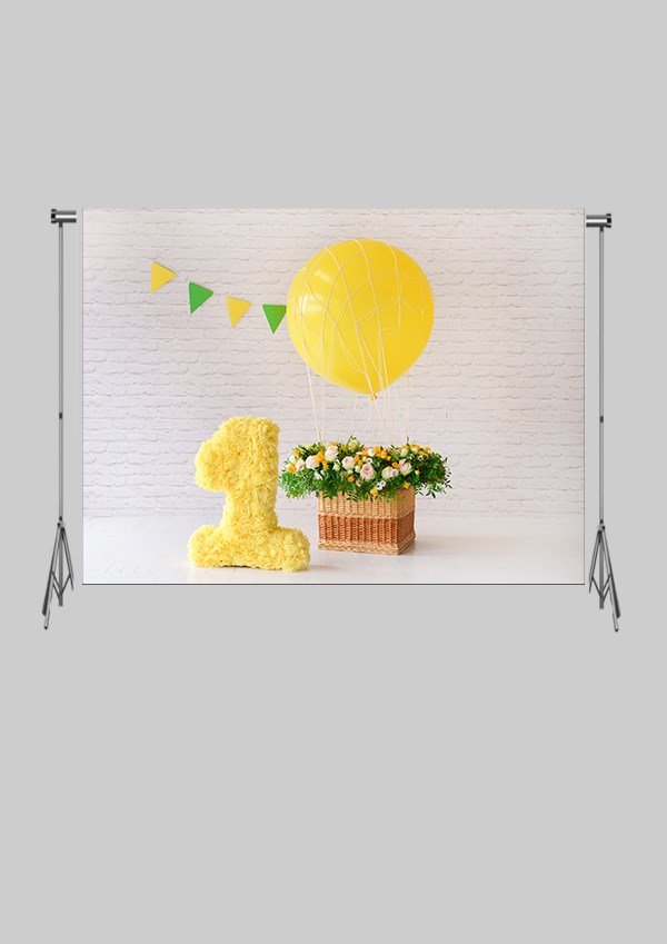 KATLANIR KIRIŞMAZ KUMAŞ - 2 EN 1.5 MT BOY - Sarı Uçan Balon ve Sepet Çocuk Kutlama Doğum Günü - FABRIC BACKDROP - Stüdyo Fonu