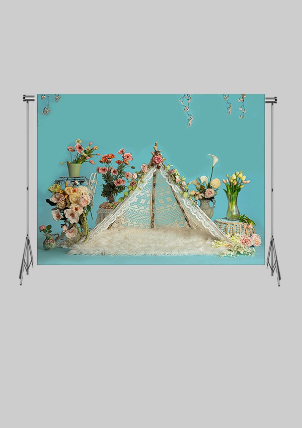 KATLANIR KIRIŞMAZ KUMAŞ - 2 EN 1.5 MT BOY - Mavi Çadır Orman Çiçekler - FABRIC BACKDROP - Stüdyo Fonu