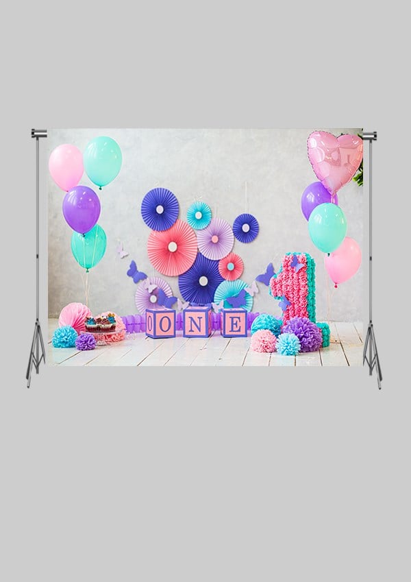 KATLANIR KIRIŞMAZ KUMAŞ - 2 EN 1.5 MT BOY - Renkli Süslemeler ve Bir Yaş Özel Günler  -  FABRIC BACKDROP - Stüdyo Fonu