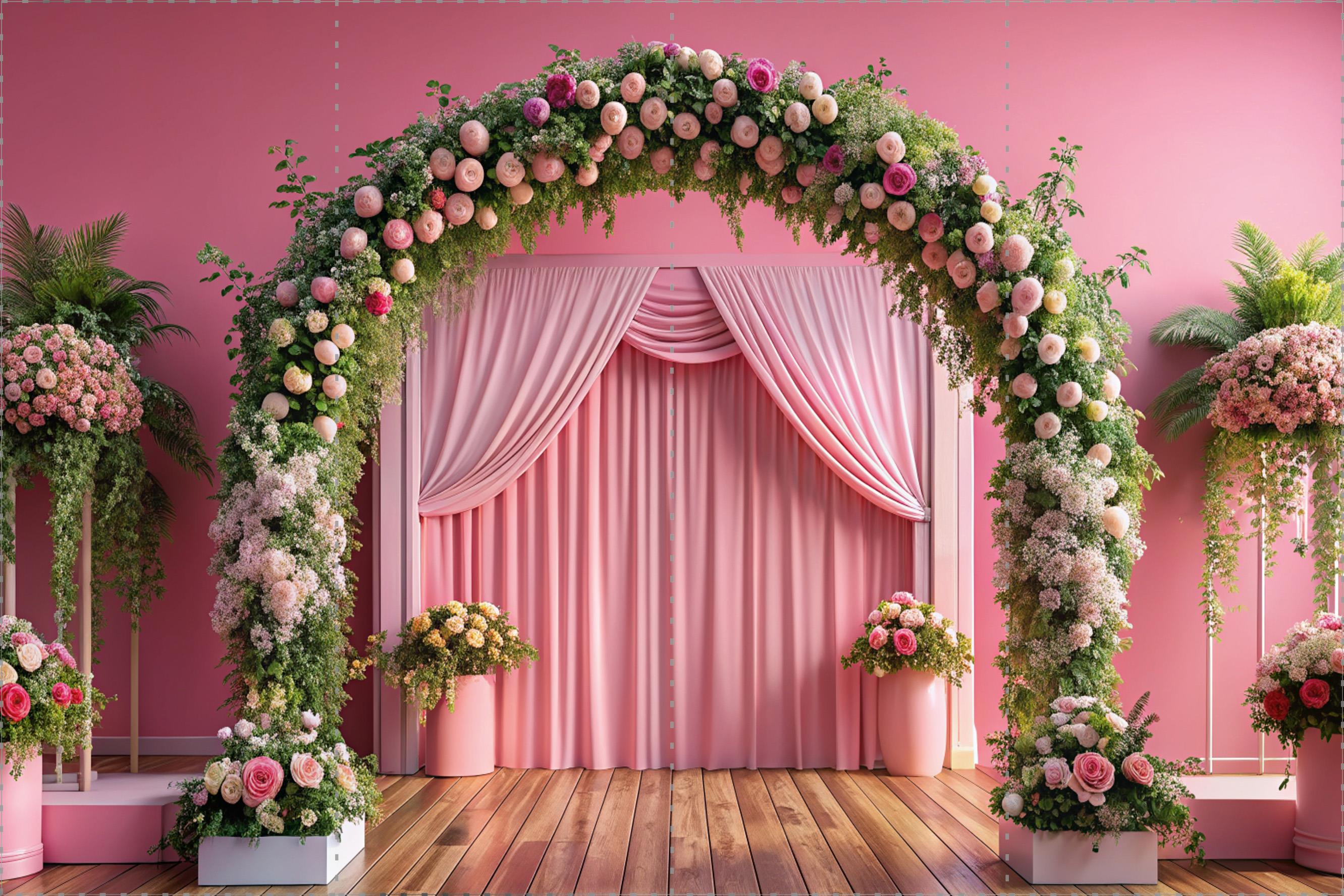 Katlanır Kırışmaz Kumaş - Üç Boyutlu Fotoğraf Fonu- Pembe Perde Ve Güller