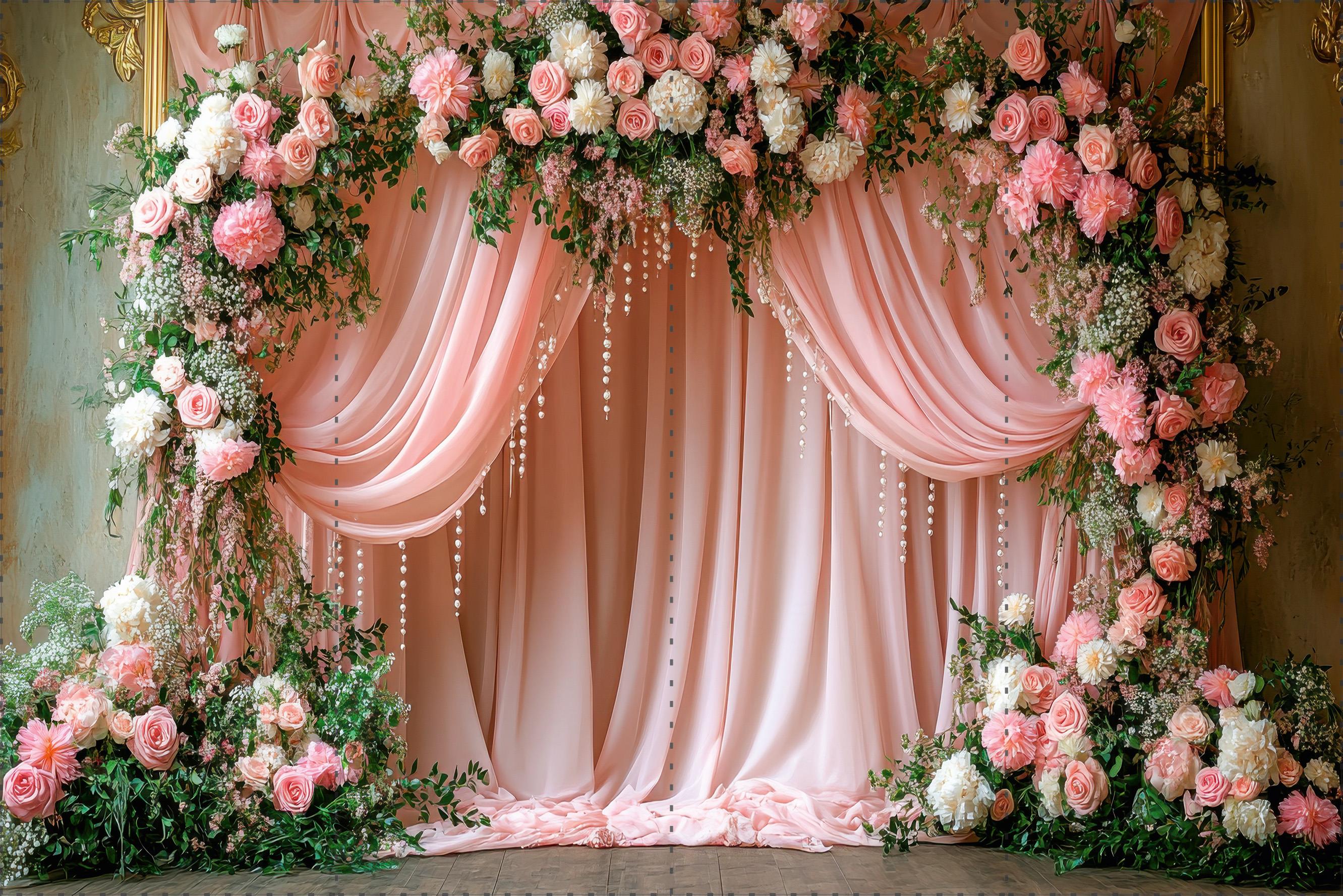 Katlanır Kırışmaz Kumaş - Üç Boyutlu Fotoğraf Fonu-  Pembe Güller ve Pembe Perde