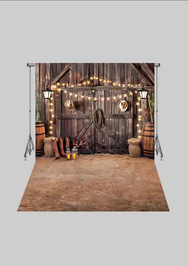 Kovboy Temalı - Ahır Önü Botlar  05 Üç Boyutlu Çocuk Kumaş Fotoğraf Fonu - Fabric Photography Backdrop ( 2X2,5 MT)