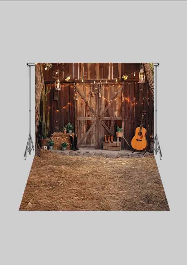 Kovboy Temalı - Ahır Önü Botlar ve Gitar 05 Üç Boyutlu Çocuk Kumaş Fotoğraf Fonu - Fabric Photography Backdrop ( 2X2,5 MT)