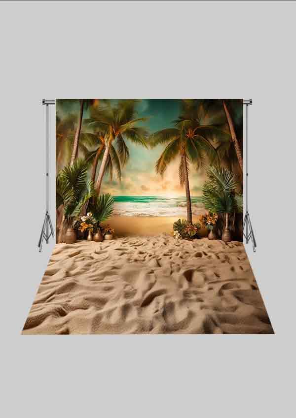 Kovboy Temalı - Palmiyeler ve Deniz 05 Üç Boyutlu Çocuk Kumaş Fotoğraf Fonu - Fabric Photography Backdrop ( 2X2,5 MT)