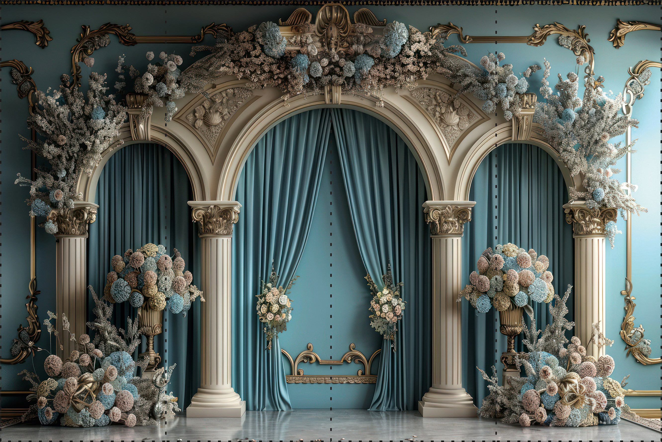 Mavi Saray Duvarı ve Perdeler   - Organizasyon ve Fotoğraf Fonu  - Katlanır Kırışmaz Kumaş - Üç Boyutlu Fotoğraf Fonu - Fabric Backdrop