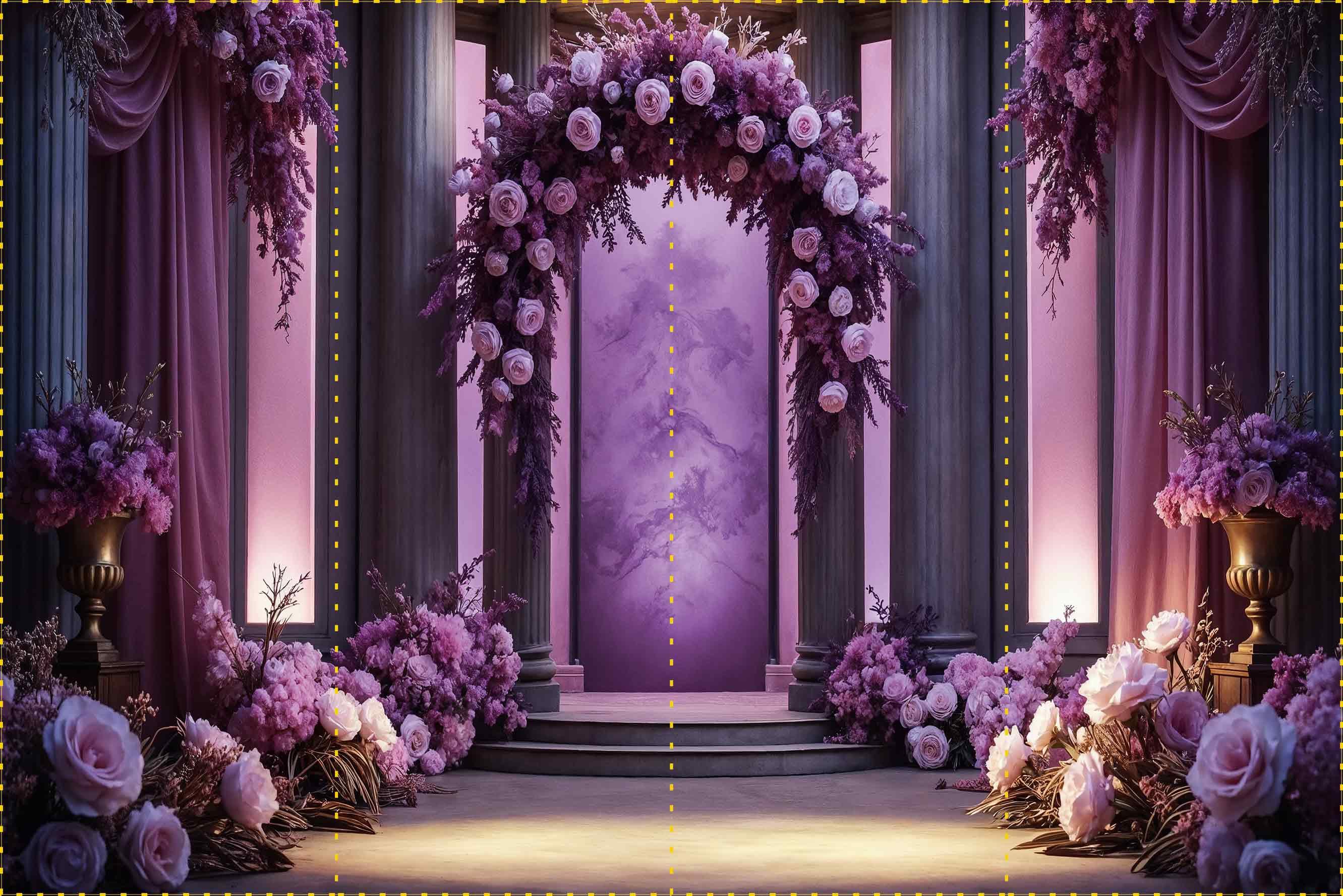 Mor çiçeklerle süslenmiş sütunlu yol - Organizasyon ve Fotoğraf Fonu  - Katlanır Kırışmaz Kumaş - Üç Boyutlu Fotoğraf Fonu - Fabric Backdrop