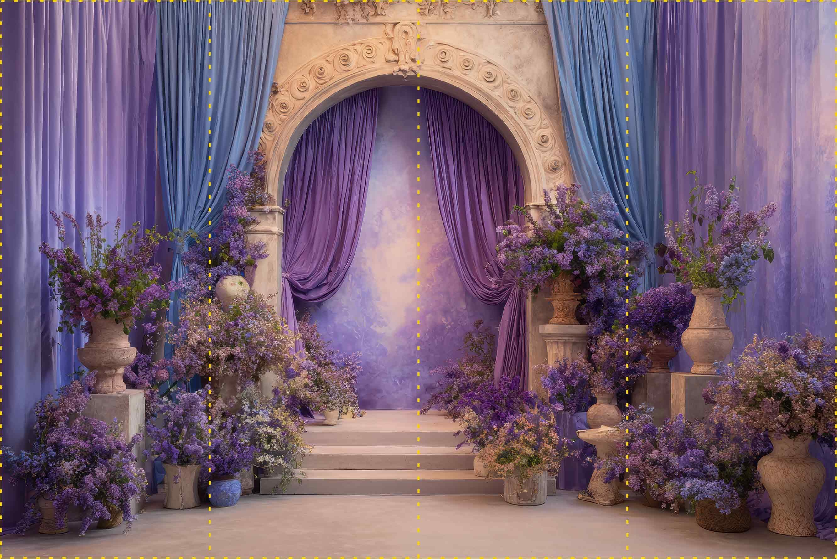 Mor çiçekli vazolu yol ve dekor ve perde - Organizasyon ve Fotoğraf Fonu  - Katlanır Kırışmaz Kumaş - Üç Boyutlu Fotoğraf Fonu - Fabric Backdrop